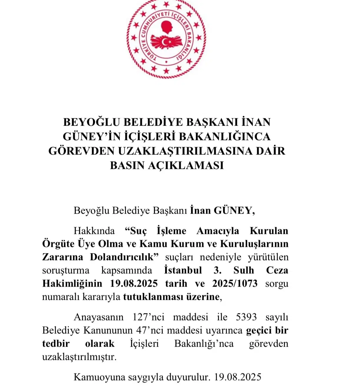 Son dakika... İçişleri Bakanlığı duyurdu: Beyoğlu Belediye Başkanı İnan Güney görevden uzaklaştırıldı