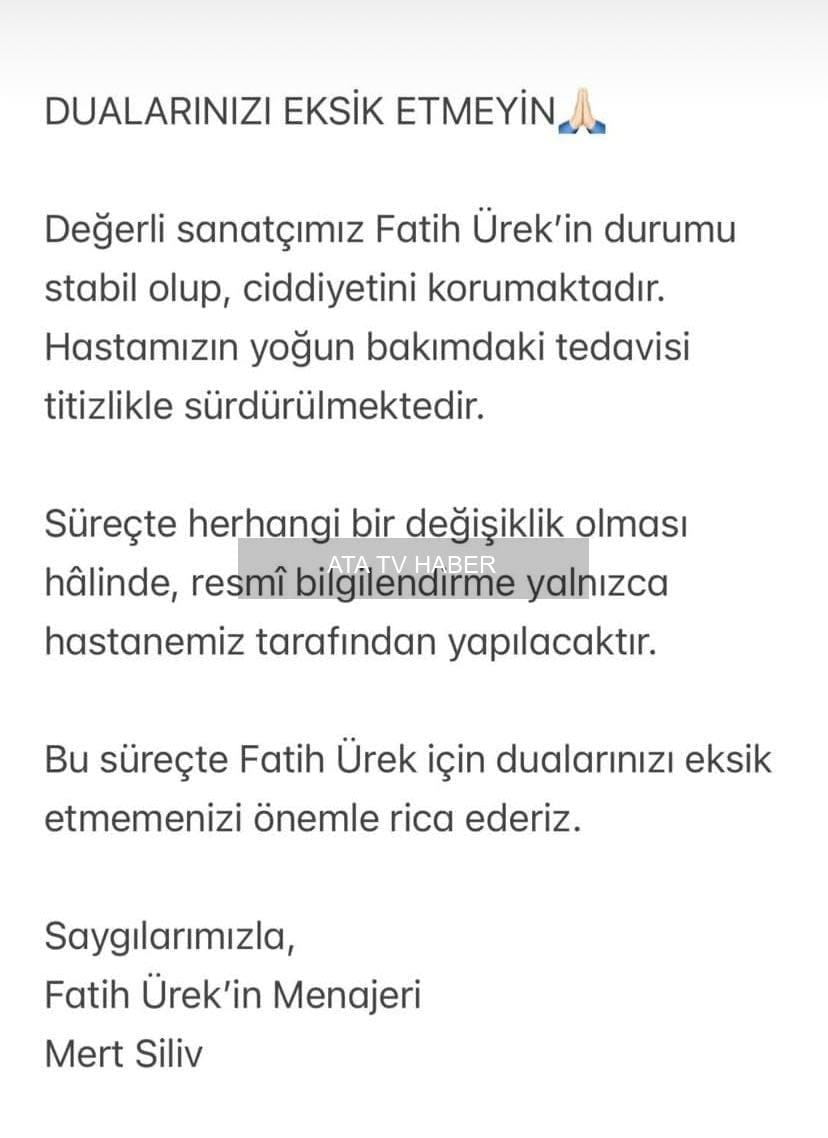 Fatih Ürek'in Yoğun Bakımdaki Durumu Ciddiyetini Koruyor