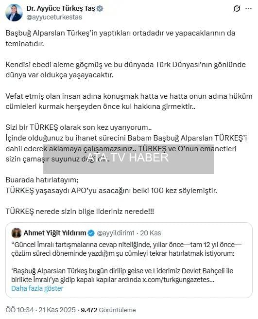 Ayyüce Türkeş’ten Ülkü Ocakları Başkanı Yıldırım’a Sert Tepki