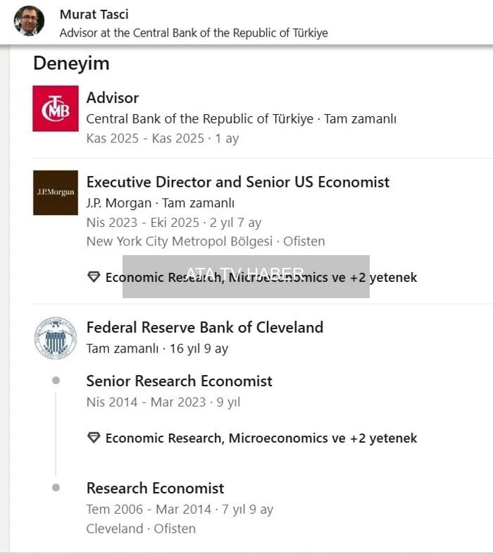 TCMB'ye Eski Fed ve JPMorgan Ekonomisti Murat Taşçı Danışman Olarak Katıldı
