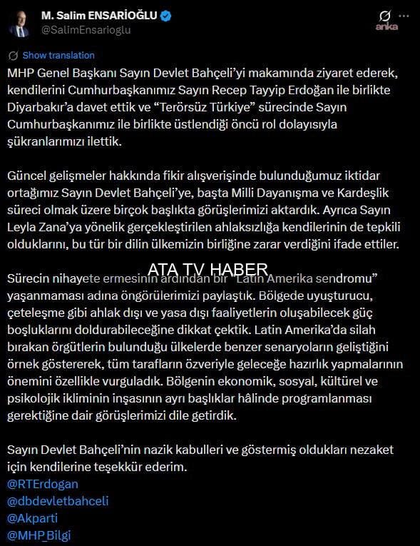 Salim Ensarioğlu’nden Bahçeli Ziyareti: Diyarbakır Daveti ve 'Terörsüz Türkiye' Süreci Değerlendirmesi