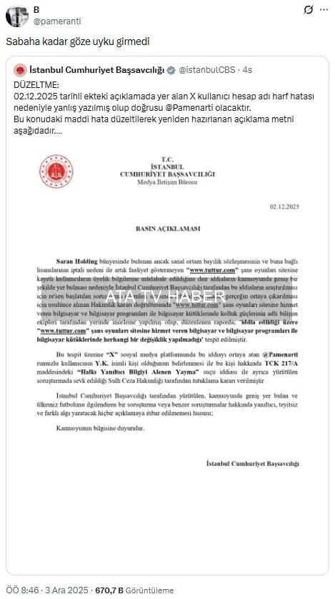 İstanbul Cumhuriyet Başsavcılığı’ndan 'tuttur.com' Veri Silme İddialarına İlişkin Resmi Açıklama