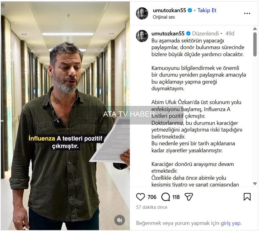 Ufuk Özkan Hastaneye Kaldırıldı: Karaciğer Yetmezliği Üzerine Influenza A Teşhisi Konuldu