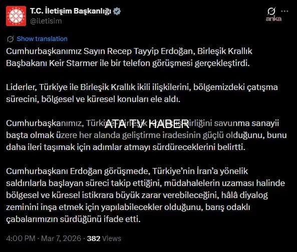 Erdoğan ile Starmer Arasında Telefon Görüşmesi: Bölgesel İstikrar ve İş Birliği Vurgusu