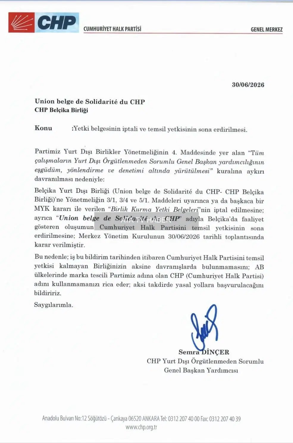 CHP Merkez Yönetimi Belçika Birliği’nin Temsil Yetkisini Sona Erdirdi