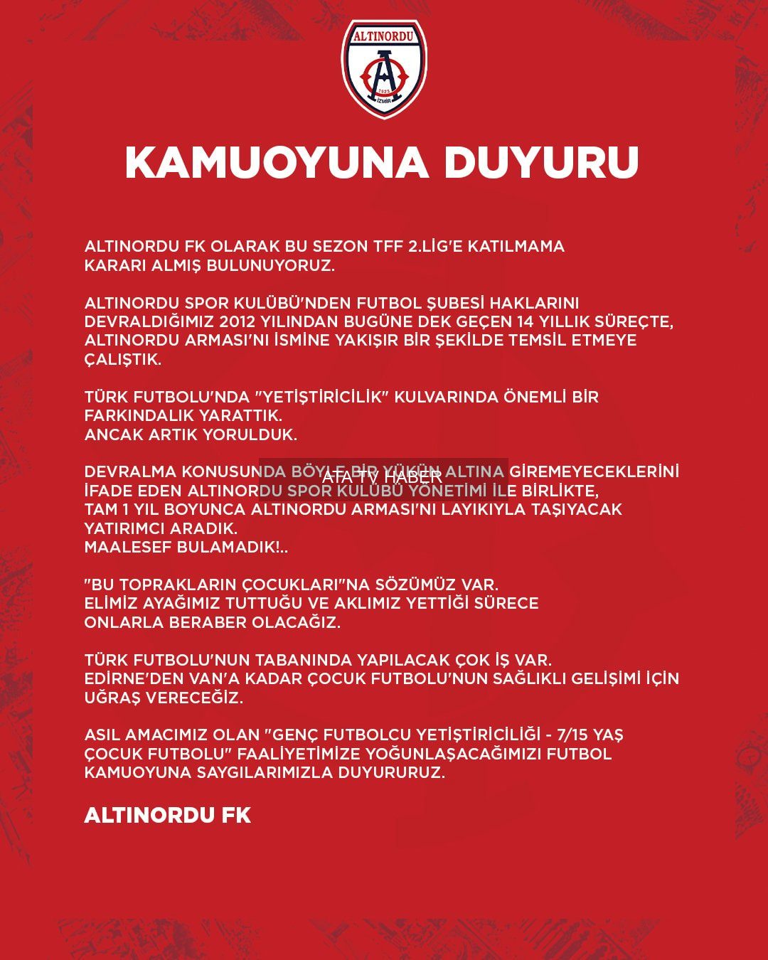 Altınordu 2. Lig'e Katılmama Kararını Açıkladı