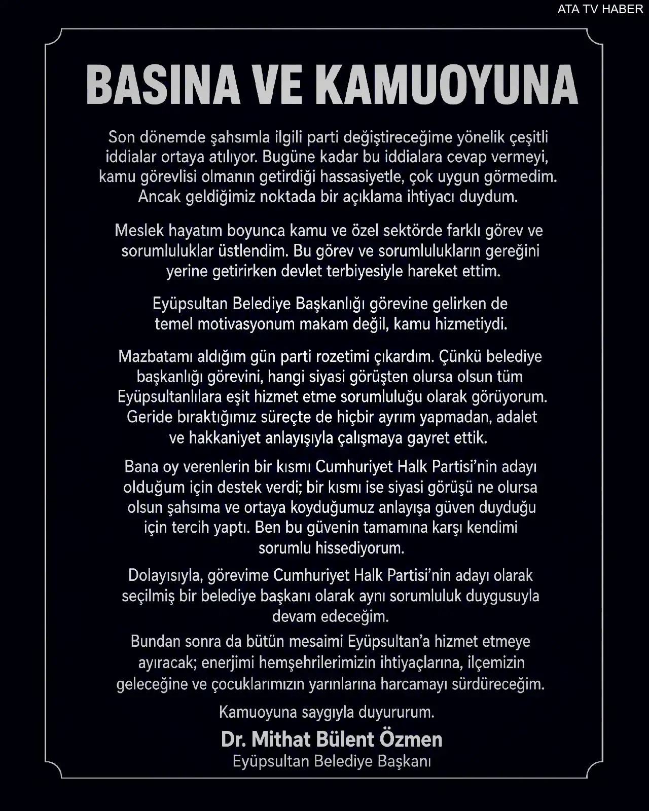 Eyüpsultan Belediye Başkanı Özmen: CHP çatısı altında görevime devam ediyorum