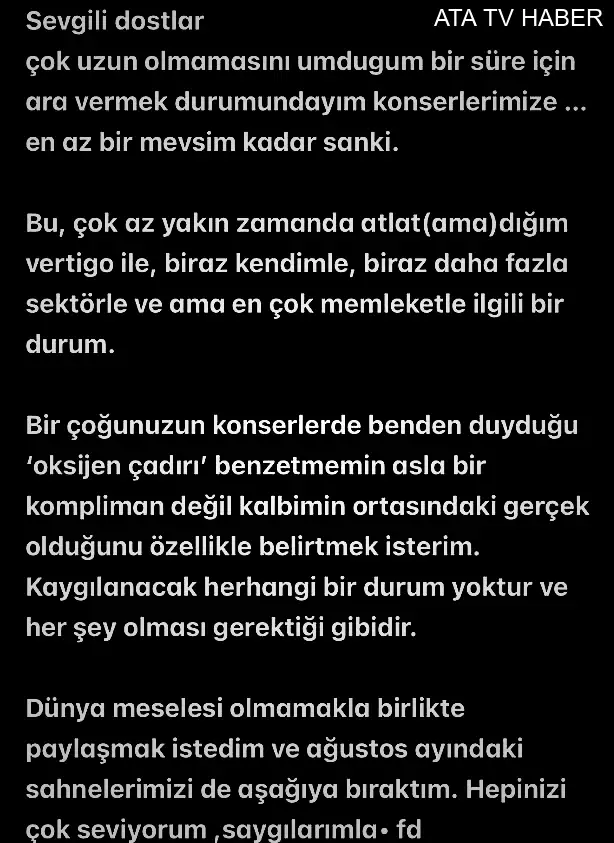Feridun Düzağaç konser programına ara verdi