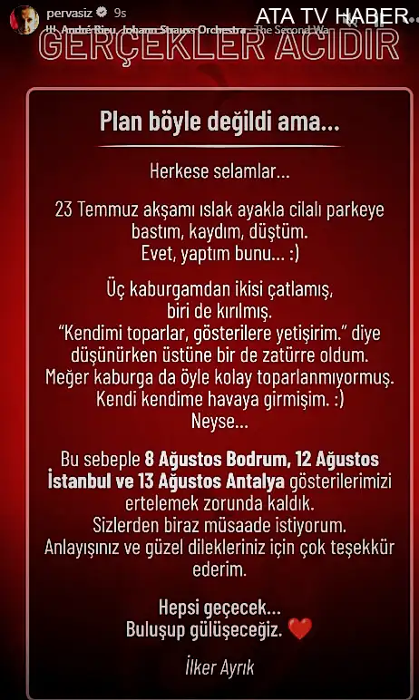 İlker Ayrık evinde düşüp kaburga hasarı yaşadı, sahne programları iptal edildi